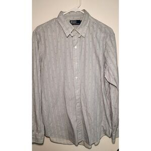 Polo Ralph Lauren Mens Large Blue White Striped Geometric Cotton Button Up Shirt